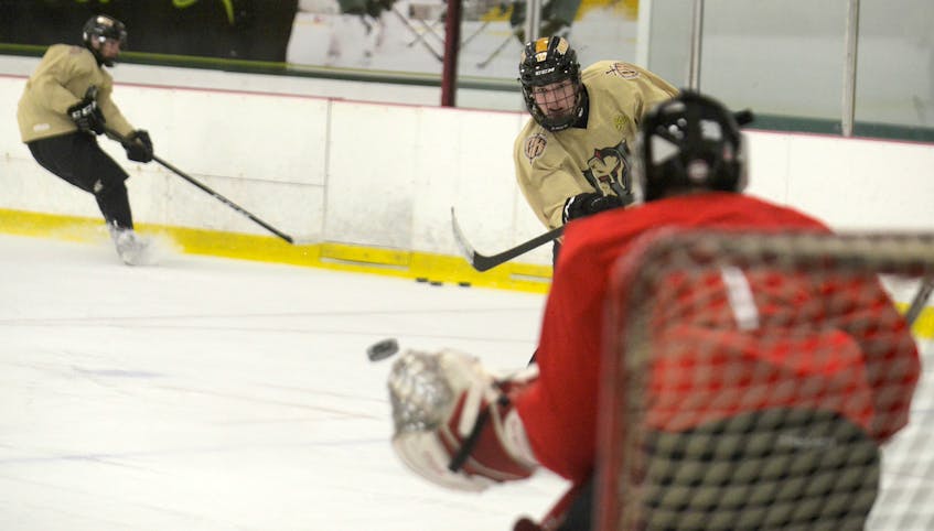 Charlottetown Bulk Carriers Knights captain Max Chisholm fires a shot on goal during a recent practice at MacLauchlan Arena.