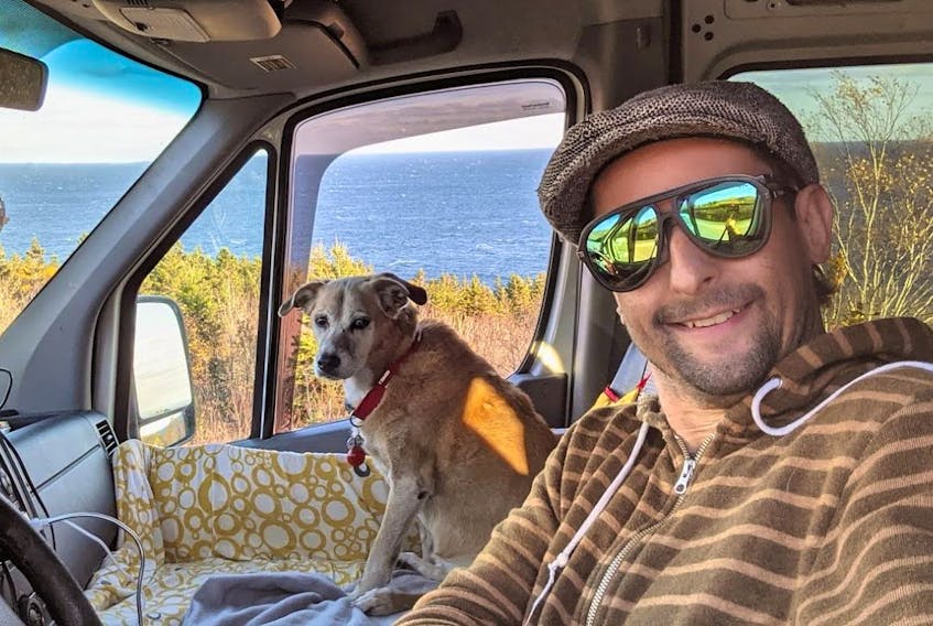 Nuno Serrenho of Toronto, with his dog Flash, while touring Cape Breton. Serrenho said he wants to warn Atlantic Canadians although he did self-isolate for 14-days in Cape Breton, he didn’t realize he had to check-in daily with Public Health so didn’t for six-days yet no one called, emailed or came to check on him. CONTRIBUTED