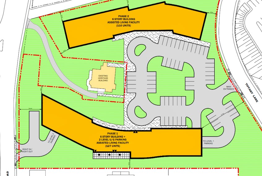 The two large mustard-yellow areas represent the two six-storey buildings, while the smaller light yellow area in the middle represents Bryn Mawr. The red dotted line indicates the subdivided property. -COMPUTER SCREENSHOT
