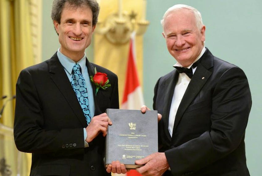 <span class="art-imagetext">Peter Feldstein, left, who divides his time between P.E.I. and Montreal, accepts a 2014 Governor General’s Literary Award from Gov. Gen. David Johnston in a ceremony at Rideau Hall in Ottawa.</span>