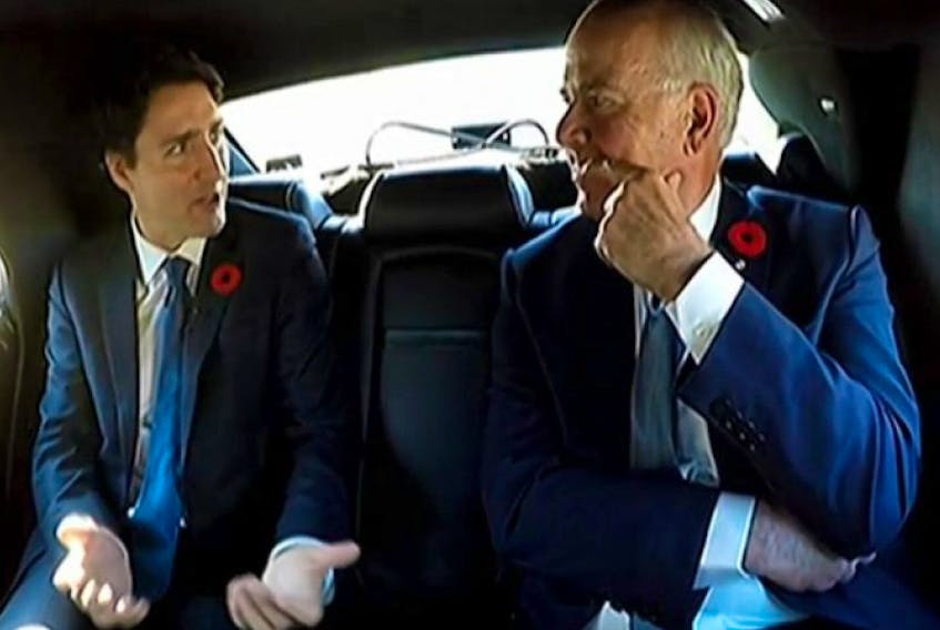 CBC's Peter Mansbridge, right, rides with Justin Trudeau on his way to be sworn in as prime minster in the CBC "Behind-the-scenes of Justin Trudeau's first day as Prime Minister" video.