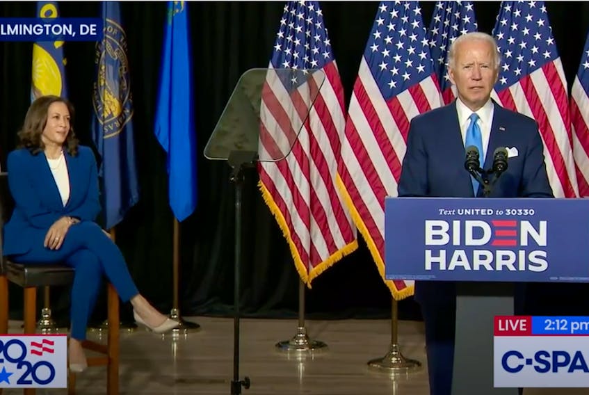 Joe Biden introduces Kamala Harris as his running mate on Aug. 12 with less fanfare than such an announcement would have had before the pandemic. C-SPAN Screengrab