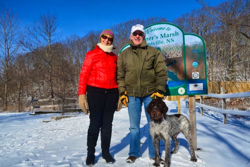 Pat and Alan Marshall of Kentville out for a walk at Miner's Marsh with their dog Quinn.