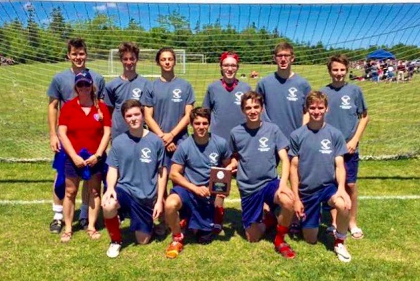 The Summerside United under-17 boys won the Eastern Eagles tournament in Montague recently. Team members are, front row, from left: Crystal Cameron (coach), Matthew Campbell, Jordan Arsenault, Tini Gashi and Peyton Lauwerijssen. Back row: Grant MacAdam, Kyle Cameron, Isaac Arsenault, Carter McBean, Brayden Gallant and Caleb O’Very. Missing from photo are team members Brett Aitken and Ryan Bowley.