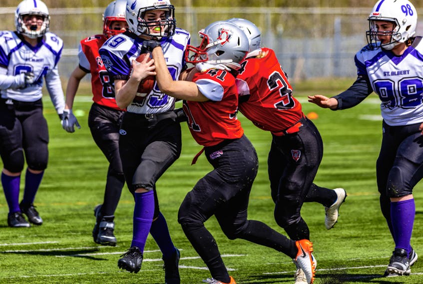 The Capital District Minor Football Association All Girls Tackle program, shown here in the spring of 2019 during its second year of existence, is getting underway with a shortened summer schedule in the face of COVID-19.