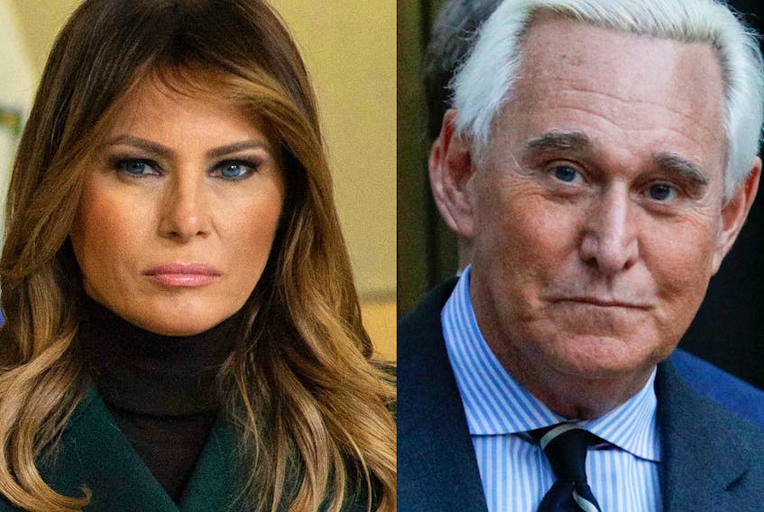 U.S. First Lady Melania Trump and Roger Stone, longtime friend to President Donald Trump. 