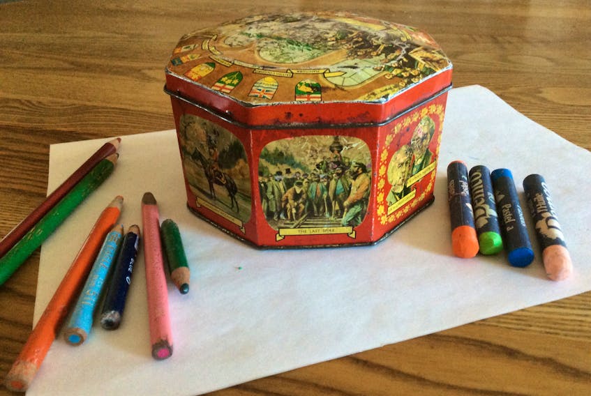 Since that little tin arrived at the farm in the early '60s, many hands - young and old alike -  have pried open the lid and picked up a crayon or two to doodle. Today, the art supplies inside  continue to inspire my sweet grand-nephew Lucas.