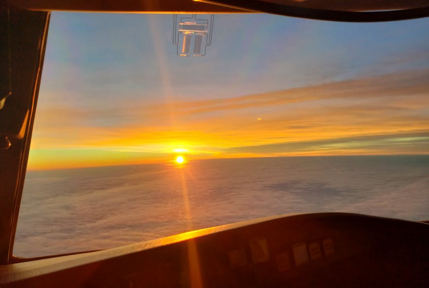What a treat!  Captain Derek Wickham was flying from Ottawa to Halifax the morning of Dec 31, 2018, and snapped this special photo: the last sunrise of 2018!  He was piloting a Bombardier CRJ 900  as the sun came up over the horizon.