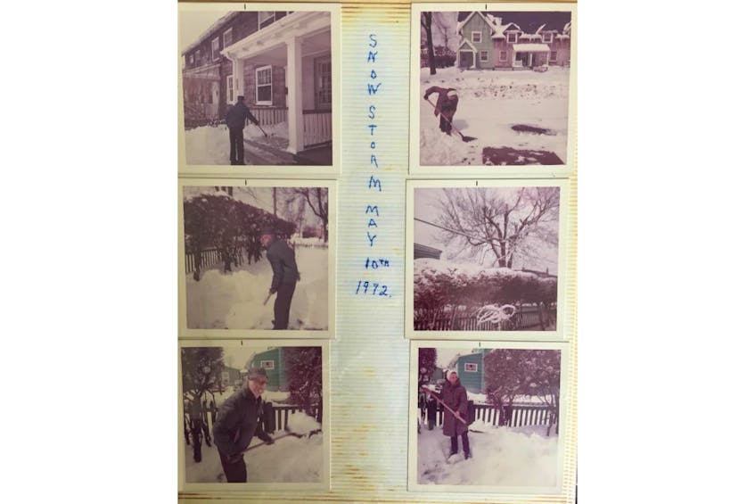 Janine Angela Musolino Sanford's family photo album preserves memories of the May 10, 1972, snow storm that hit Nova Scotia and Newfoundland and Labrador. Her grandparents Harold and Iris Johnson, as well as her great-grandfather Gerald A. Hatter shovelling snow in the Hydrostone neighborhood of Halifax, N.S.
