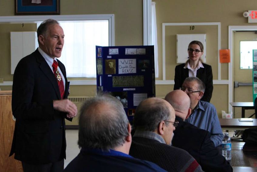 Walt Natynczyk speaks to a group of veterans at the Summerside Legion during a medal presentation on Tuesday.