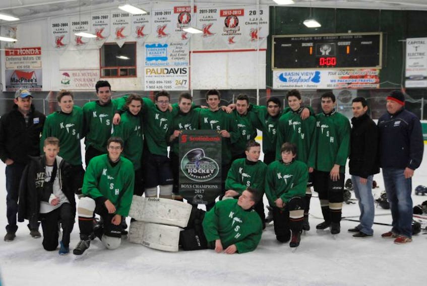 The host Kensington Torchmen claimed the boys’ championship banner at the Kensington Intermediate-Senior High School invitational hockey tournament on Saturday afternoon. The Torchmen edged the Kinkora Blazers 2-1 in a shootout at Community Gardens. Members of the Torchmen are, front row, from left: Cameron Mill, Nicholas Weeks, Peyton Lauwerijssen, Jack Donald and Taryn Caseley. Back row: Wade Caseley (coach), Holden Sheen, Jesse Wolfe, Krystof Wigmore, Josh Coulson, Kyle MacGuigan, Rhys Caseley, Matt Rogerson, John Lockerby, Bailey Stavert, Mitchell Gaudet, Brett Corcoran (coach) and Peter Coulson (coach).