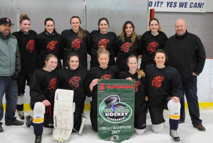 Montague defeated Westisle 4-0 at Community Gardens on Saturday afternoon to win the girls’ championship of the Kensington Intermediate-Senior High School invitational hockey tournament. Montague team members are, front row, from left: Grace Gormley, Becca Cann, Kelly Clements, Jenna White and Airika Pollard. Back row: Matt Killeen (coach), Maddy Murphy, Alexa Cann, Chloe Murphy, Calista Steele, Marley MacNeill, Emma Stewart and Earl Campbell (coach).