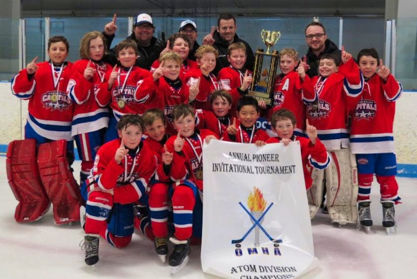 The Summerside Capitals’ atom AAA team captured the annual Pioneer invitational hockey tournament in Oromocto, N.B., on Sunday. Team members are, front row, from left: Brodie Blacquiere, Josh Pridham, Brewer Waugh, Carson Griffin, Brian Zhang and Alex Gaudet. Middle row: Cole Echlin, Will Murphy, Cam Schurman, Ethan Dickson, Jonas Binkley, Ashton Brown, Lincoln Waugh, Andrew Thompson, George Gallant and Grayson Arsenault. Back row: Alex Waugh (trainer), Jason (Lefty) Gallant (defence and goaltending coach), Tyler McNeill (head coach) and Jordan Rankin (assistant coach). Missing from photo is team manager Scott Gaudet.