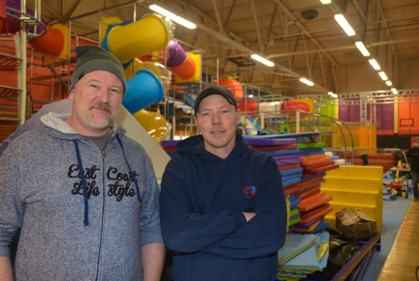 Jason Wall, left, and business partner Steven Darrach are on the final countdown to the opening of the province’s first indoor trampoline park, Off the Wallz, which is situated in the former Canada Games Sports Centre in Slemon Park.