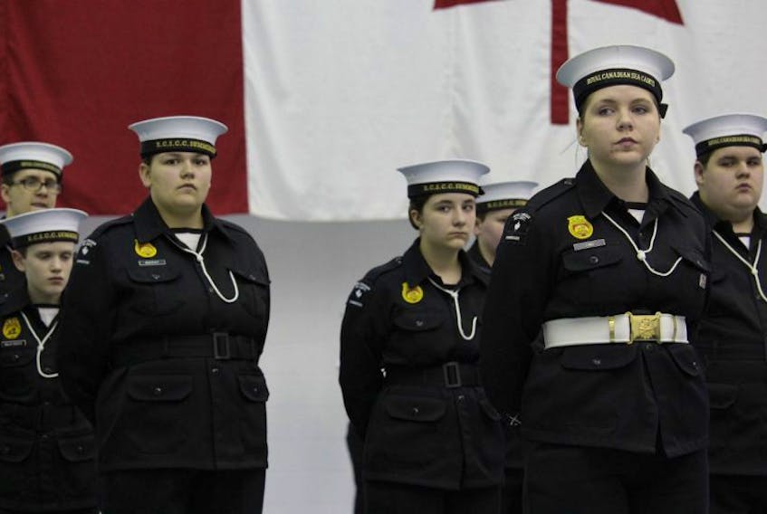 Sea Cadets from the 85 RCSCC listen as Lt.-Gov. Frank Lewis presents at the annual ceremonial review in Summerside on Wednesday.
