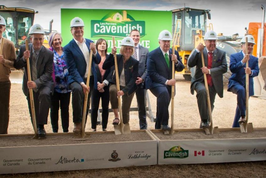 Politicians and Cavendish Farms representatives during the official groundbreaking of the company’s new Lethbridge, Alberta,