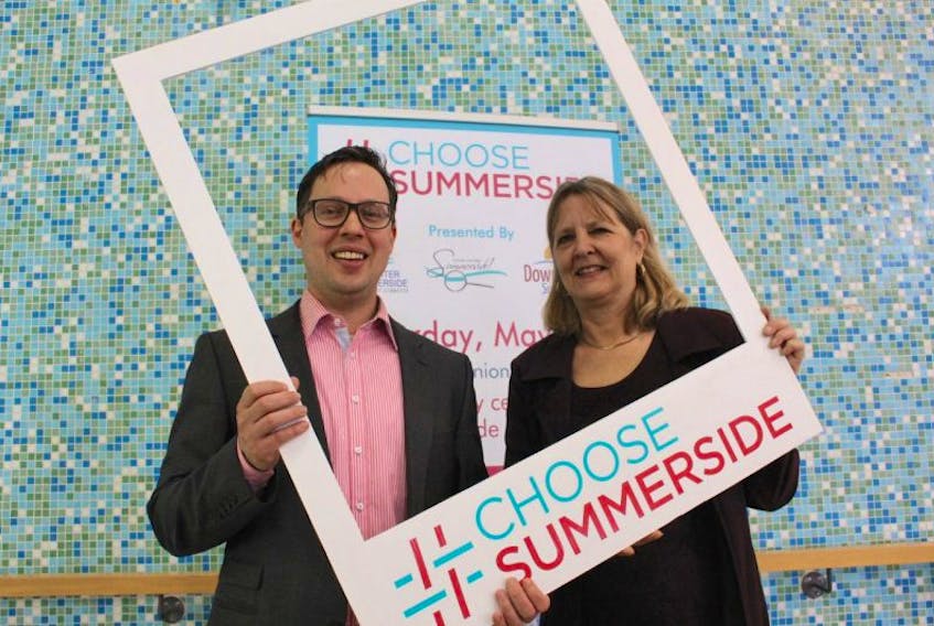 Dan Kutcher, left, and Jane Sharpe with the Choose Summerside photo prop. Kutcher is the president of the Greater Summerside Chamber of Commerce and Sharpe is the Chamber’s executive director.