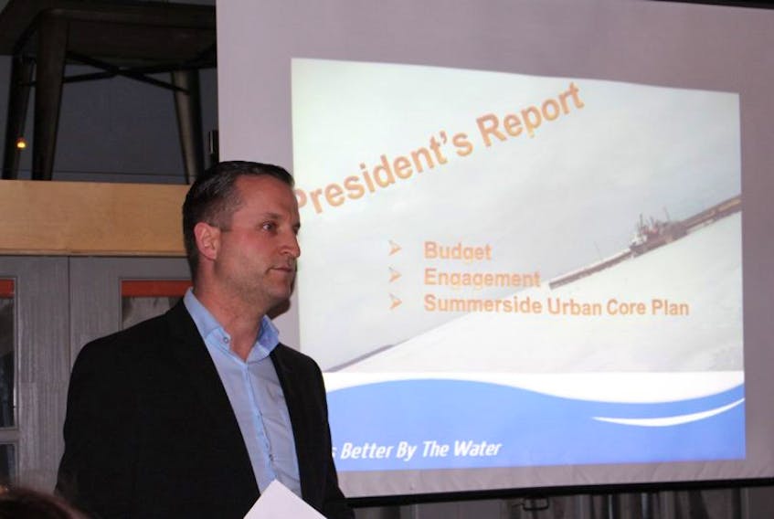 Pierre Gallant, the president of Downtown Summerside Inc, presents his report at Wednesday's AGM held at Open Eats in Summerside.