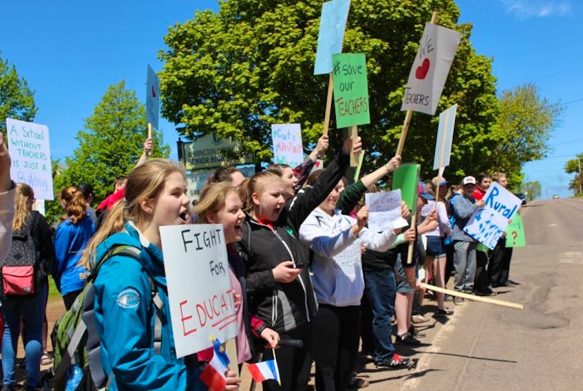 Around 150 students participated in the student walkout from Kensington Intermediate and Senior High School on Tuesday in response to the government's actions on teacher reallocations.