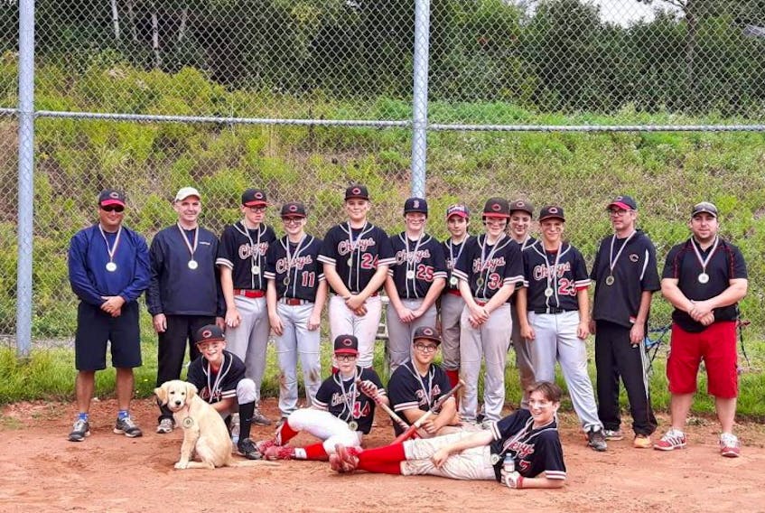 The Summerside Chevys recently won the P.E.I. Bantam A Baseball League championship. Team members are, front row, from left: Sam Gallant with team mascot Alfie, Jordan Arsenault, Cameron Paynter and Kaden MacInnis. Back row: Troy Gallant (assistant coach), Alan Ripley (assistant coach), Dylan Gilfoy, Ty Newman, Andrew Cameron, Lance Murphy, Reid MacKay, Carter Ripley, Matthew MacInnis, Connor Costain, Chris Gilfoy (coach) and Blair Newman (assistant coach). Missing from photo are Cory Evers and Hunter Irving