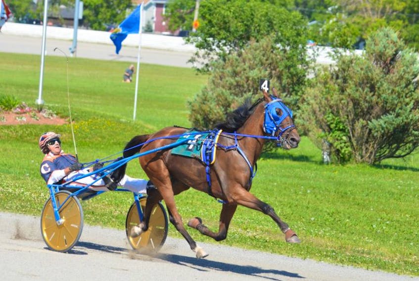 Walter Cheverie drives Hot Deuce to a 1:52.1 win in the first of two $5,000 Governor’s Plate eliminations at Red Shores at Summerside Raceway on Sunday afternoon.