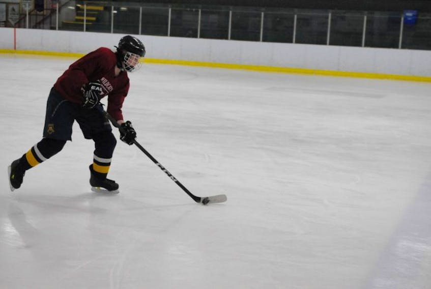 Mid-Isle Wildcats centre Lexie Murphy of Kensington carries the puck during a recent practice at Community Gardens. The Wildcats will represent the Atlantic region at the 2017 Esso Cup Canadian midget female hockey championship in Morden, Man., from April 23 to 29.