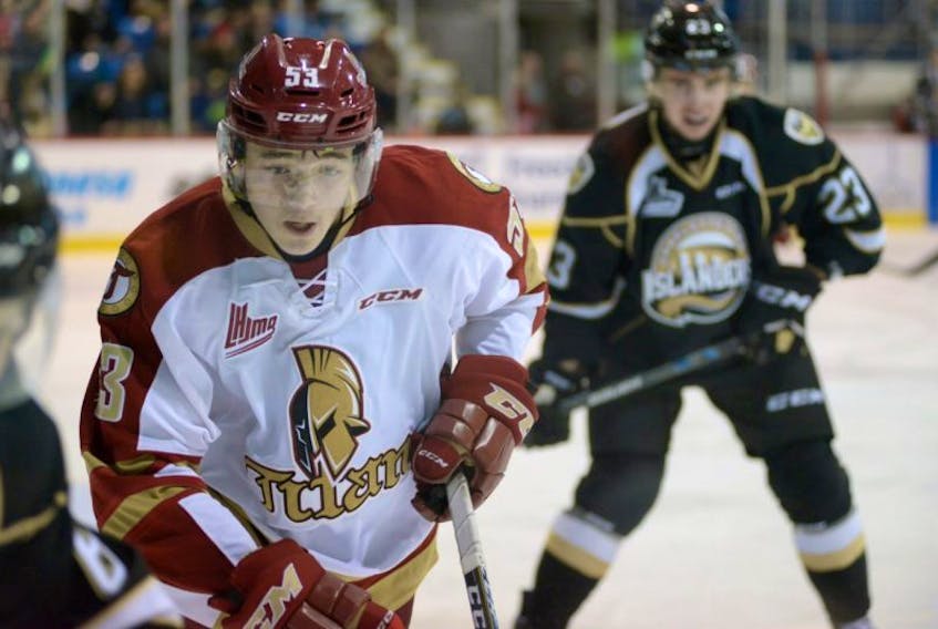 Noah Dobson in action with the Acadie-Bathurst Titan during a Quebec Major Junior Hockey League game in Charlottetown.