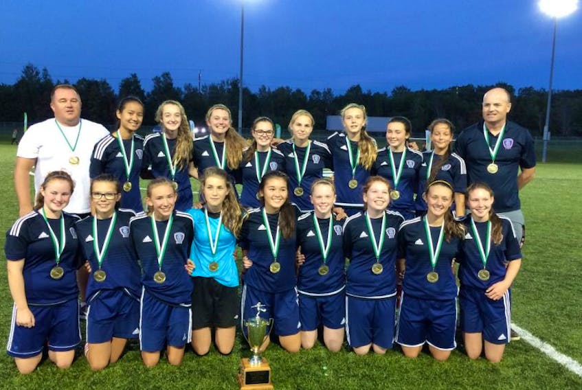 The Summerside United won the P.E.I. Under-15 Girls Soccer League (Premier Division) championship on Thursday night. After a scoreless regulation time and two overtime periods, Summerside outscored the Hillsborough United 3-0 in penalty kicks. Summerside team members are, front row, from left: Reghan Betts, Hannah Somers, Brinley Gallant, Kyrsten Coyle, Emily McKenna, Rene Silliker, Megan MacDonald, Avery Simpson and Jill Power. Back row: Brian Hawrylak (assistant coach), Jane Gillis, Julia Smith, Cassie Gallant, Hilarie Gaudet, Catherine Demchuk, Elly Dobson, Ashlyn Pridham, Jillian Arsenault and Andrew Dobson (head coach).