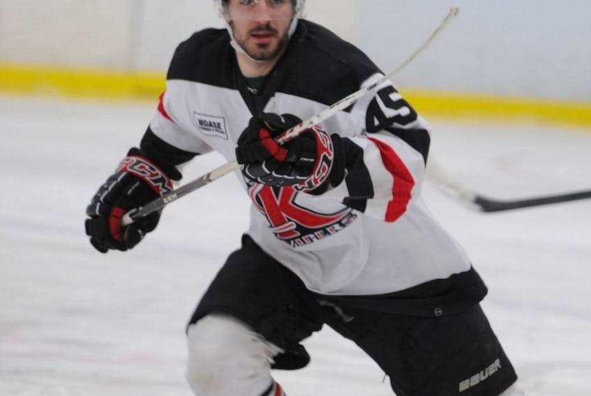 Kensington Moase Plumbing and Heating Vipers forward Riley Gallant in action in Game 7 versus the Eastern Maniacs on Thursday night. Gallant scored a hat trick to lead the Vipers to a 5-2 victory.