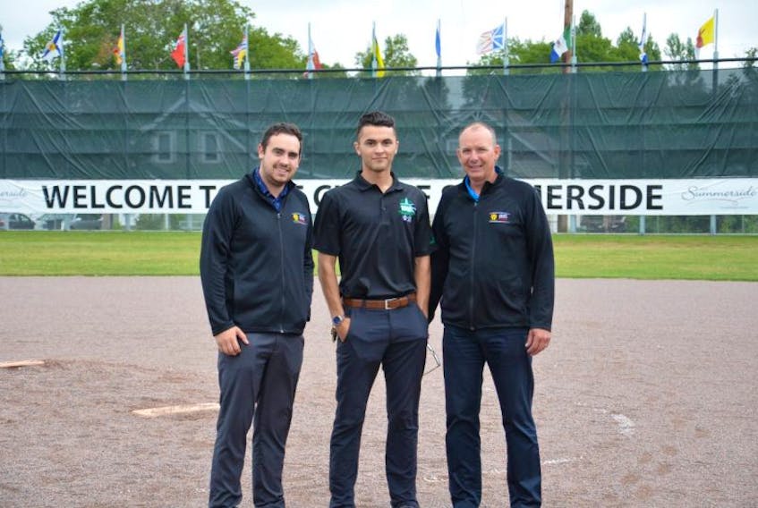 Three members of the host committee check out the playing surface at Queen Elizabeth Park’s Very Important Volunteer (VIV) Field in preparation for this week’s Ray Carter Cup. A total of 10 teams will compete in the Baseball Canada 15-under male championship tournament from Thursday to Sunday.