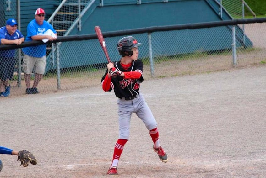 Jackson MacDougall swung a hot bat for the Summerside Team Two Chevys against the Charlottetown Royals on Tuesday night. The Chevys won the P.E.I. Bantam AA Baseball League game 15-5.
