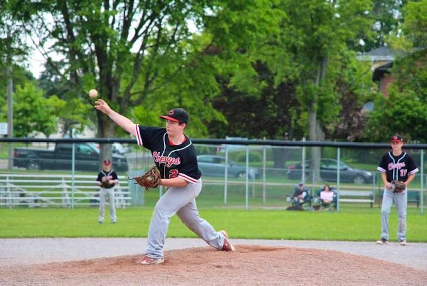 Jayden Hogg earned the pitching win in the Summerside Team Two Chevys’ 10-7 win over the Cardigan Clippers in P.E.I. Bantam AA Baseball League play at Queen Elizabeth Park in Summerside on Tuesday night.