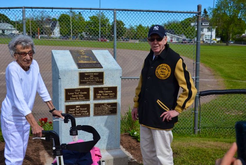 Molly Hogan, wife of the late J. Charles Hogan, and Summerside resident Gerard Dalton participated in the induction ceremony for the 2017 Legends’ Field Honour Roll at Queen Elizabeth Park in Summerside on Saturday afternoon. Dalton played on the 1950 Curran and Briggs Maritime junior champions while Charles J. Hogan was recognized for coaching many Summerside teams to provincial and Maritime baseball championships from 1949 to 51. Dalton is wearing a Curran and Briggs 1954 Curran and Briggs junior team jacket. “My wife sent my (1950 team) jacket to the dry cleaners and they tore it, so that’s why I have this one on,” quipped Dalton.