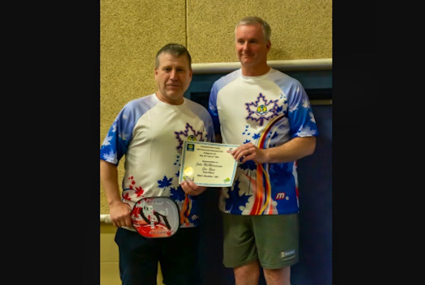Pickleballers Jim Rose, right, and John McManaman take the golden prize for Men’s 50+ Doubles at the Pickleball Nova Scotia Provincial Championships. CONTRIBUTED