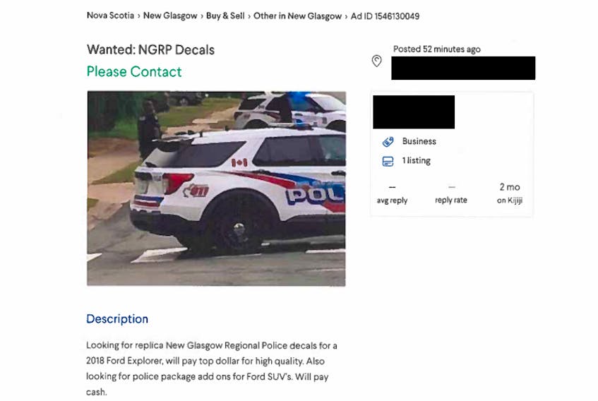 The add placed on Kijiji by the suspect looking to purchase New Glasgow Regional Police decals and police package items, for a for a 2018 Ford Explorer under the false identity of another person.
