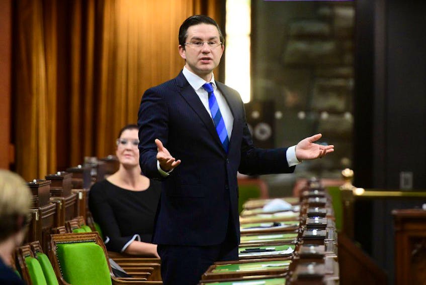 Conservative member of Parliament Pierre Poilievre asks a question during question period in the House of Commons on Parliament Hill in Ottawa on Friday, Oct. 9, 2020. 