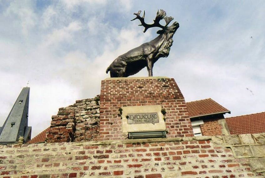 <p class="MsoNormal"><span style="font-size: 18.0pt;">A statue of the Newfoundland caribou rests among the ruins at Monchy Le Preux.</span></p>