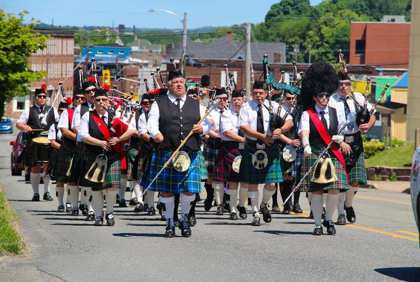A March of the Pipes was held in New Glasgow Saturday as part of the Festival of the Tartans . Pipe bands joined together for the parade from Glasgow Square to Tartan Field where other activities such as the heavy weight games and Highland Dancing competitions are taking place.