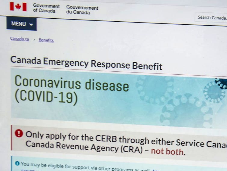 A Canada Emergency Response Benefit (CERB) COVID-19 Government of Canada page during the COVID-19 pandemic, Friday May 22, 2020.