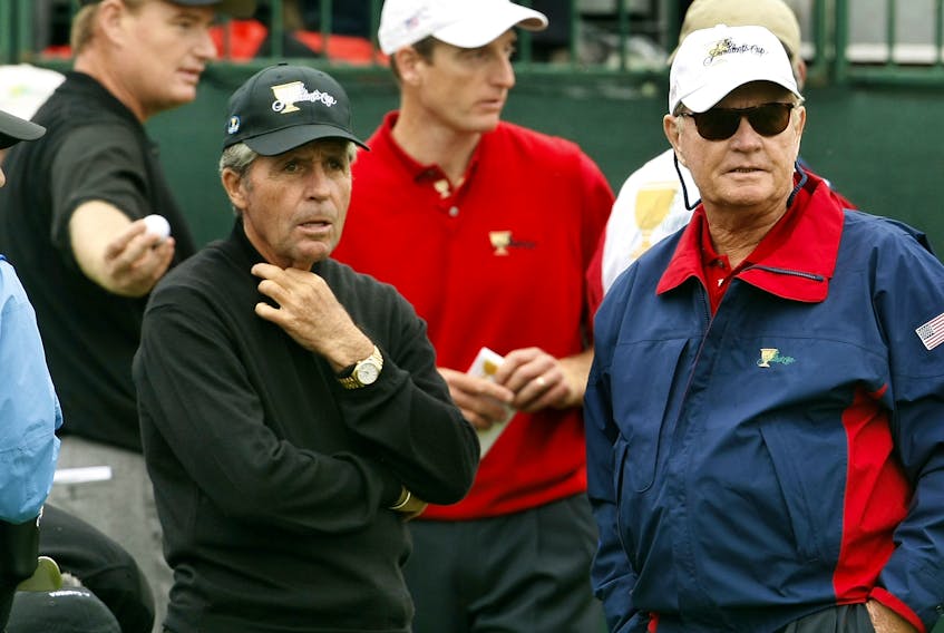 International Team captain Gary Player (left) United States captain Jack Nicklaus look on during the 2007 Presidents Cup at Royal Montreal Golf Club