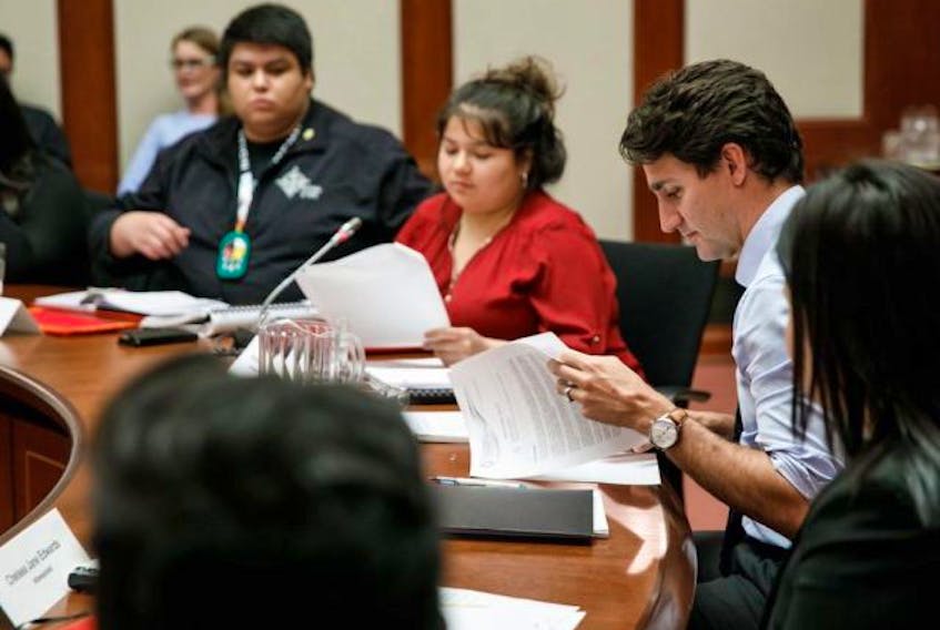  Prime Minister Justin Trudeau meets with about 20 youth representatives of Nishnawbe Aski Nation in Ottawa last year. Can he get younger votes out to the polls this time around?