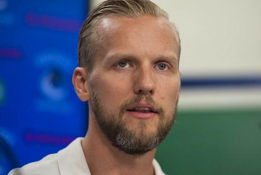  Vancouver Canucks face the media at Rogers Arena in Vancouver, BC Thursday, September 13, 2018. Pictured is  Alex Edler.