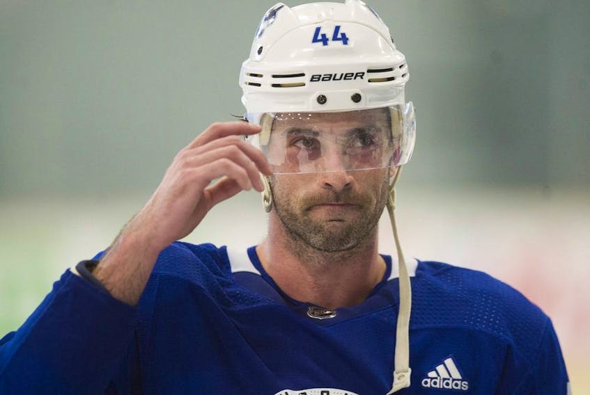 Erik Gudbranson, seen here at Canucks training camp in 2018, is now with his third team inside eight months.