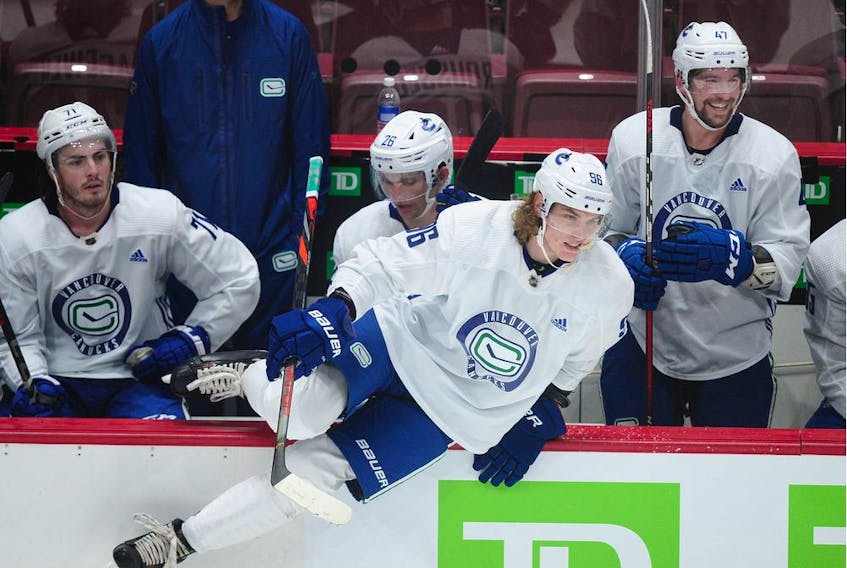 Vancouver Canucks' Adam Gaudette goes over the boards during training camp at Rogers Arena on Jan. 5, 2021.