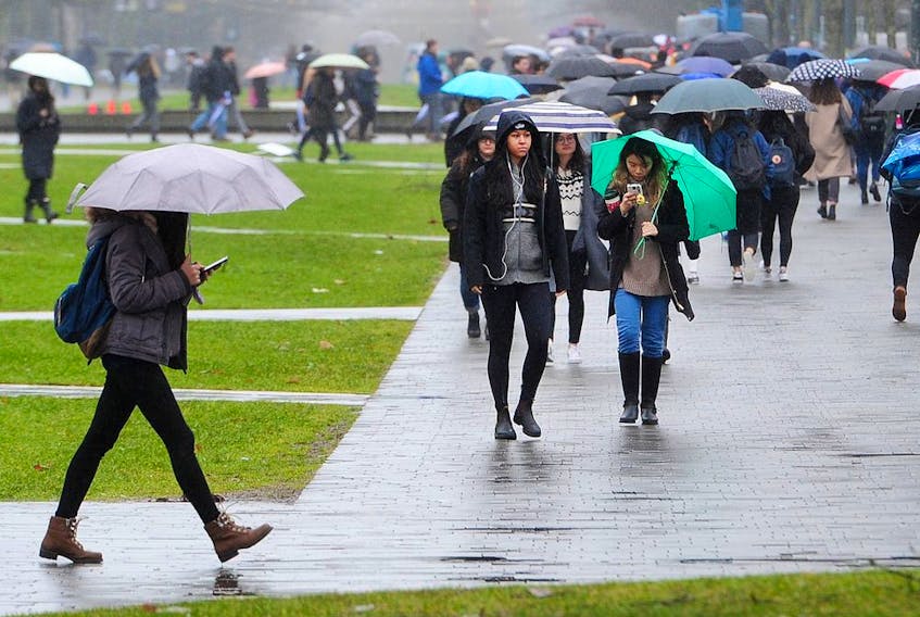 Students in the rain between classes at UBC in 2018. This year, life for post-secondary students comes with a new set of challenges thanks to the COVID-19 pandemic.