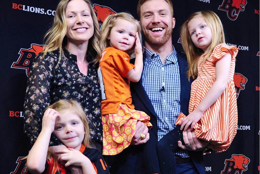 Travis Lulay with his wife Kim and children Parker, Jade and Every (left to right) will be spending more time together as the former B.C. Lion quarterback announced he's leaving the CFL team to work with his family in Oregon.