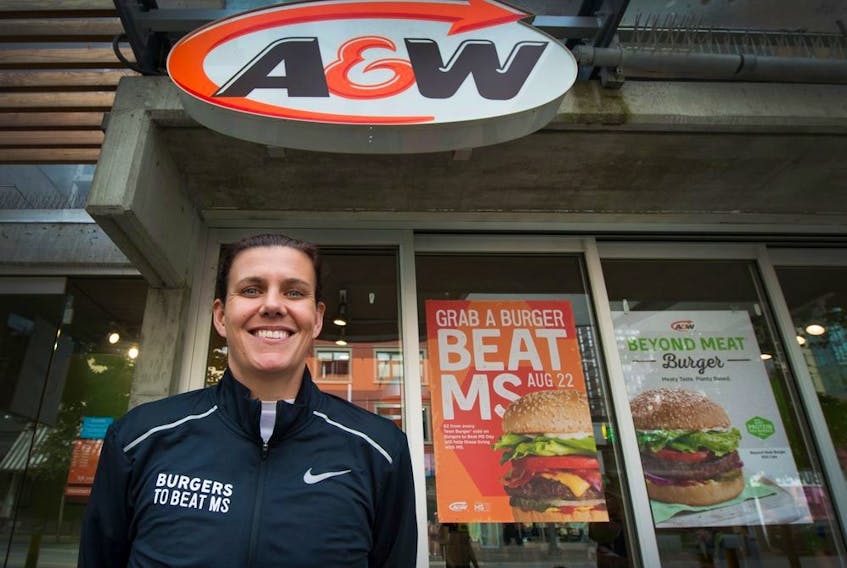 Canadian soccer star Christine Sinclair stopped at A&amp;W in Vancouver on Tuesday as part of her association with the company and its promotion to raise awareness and money for MS Society of Canada's research.