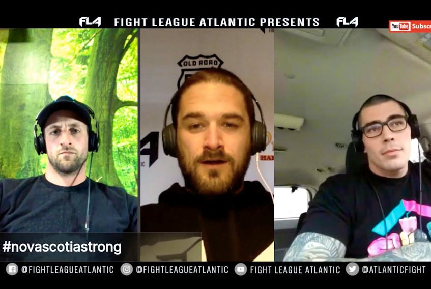 Jon Foster, Derek Clarke and Cape Breton MMA fighter Steven MacDonald take part in one of Fight League Atlantic's daily podcasts. Foster and Clarke transitioned their event-management business from putting on Mixed Martial Arts events and concerts to the podcast when COVID-19 measures shut down all such businesses.
Contributed photo from Derek Clarke
