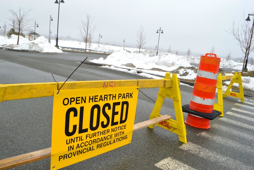 A barricade across Open Hearth Park in Sydney. On Sunday, Premier Stephen McNeil asked law enforcement to step up enforcement of the Health Protection Act after reports of many not complying with social distancing and other parts of the act. SHARON MONTGOMERY-DUPE/CAPE BRETON POST