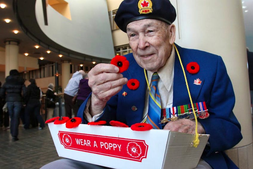 Roy Russell, 89, was in the medical corps and served all over Europe in World War II. The Calgary Poppy Fund sales got underway on Saturday, October, 29, 2011 at Chinook Centre with a ceremony that included an official Colour Party and a tribute to fallen soldiers and their families. 